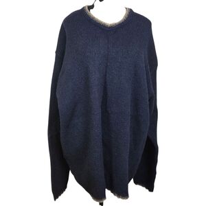 Eddie Bauer Men's Wool Blend Deep Blue V-Neck Sweater With Brown Trim XL